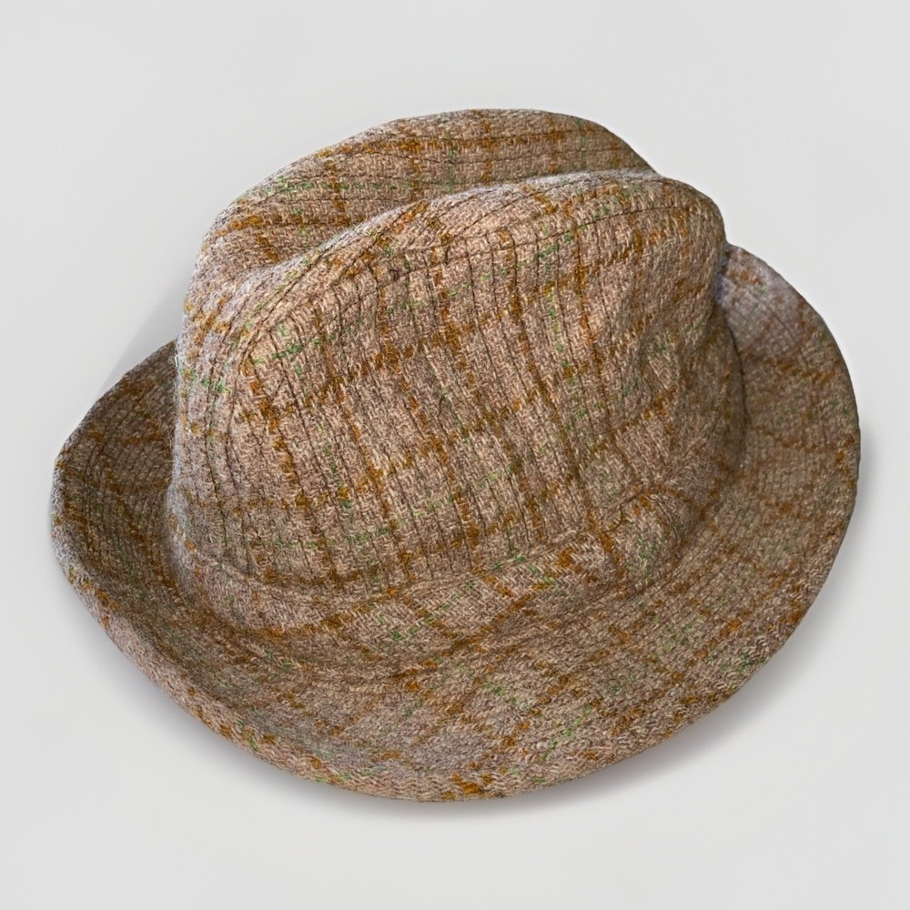 Dobbs‎ 5th Avenue New York Tan Plaid Wool Fedora Hat With Feather Size 6 7/8